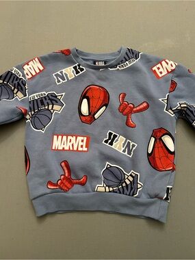 Marvel c Knicks Blue Sweatshirt with Red Spider-Man and NYK Motifs